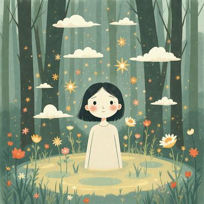 The primary subject of the image is a young girl sitting in a pond surrounded by flowers. The setting is a forest, with trees visible in the background. The visual style is an illustration, depicting the girl as a cartoon character. The colors and mood of the image are vibrant and cheerful, with the girl's white dress and the colorful flowers creating a lively atmosphere.